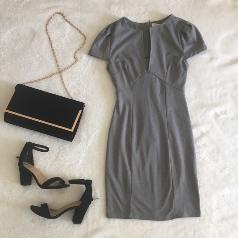 Grey V-Neck Structured Cap Sleeve Dress - Tobi